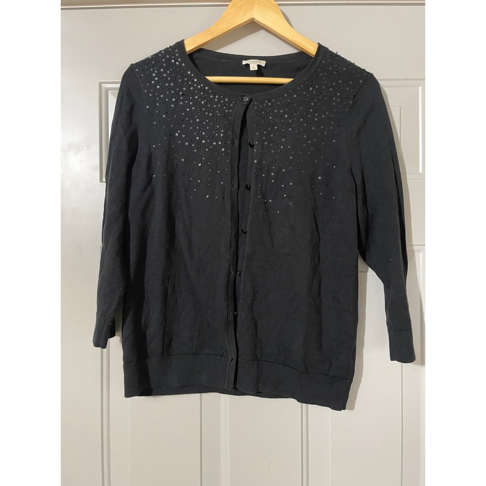 Talbots Cardigan Women‎ Medium Black Good Sequin Beaded 3/4 Sleeve Cotton Knit